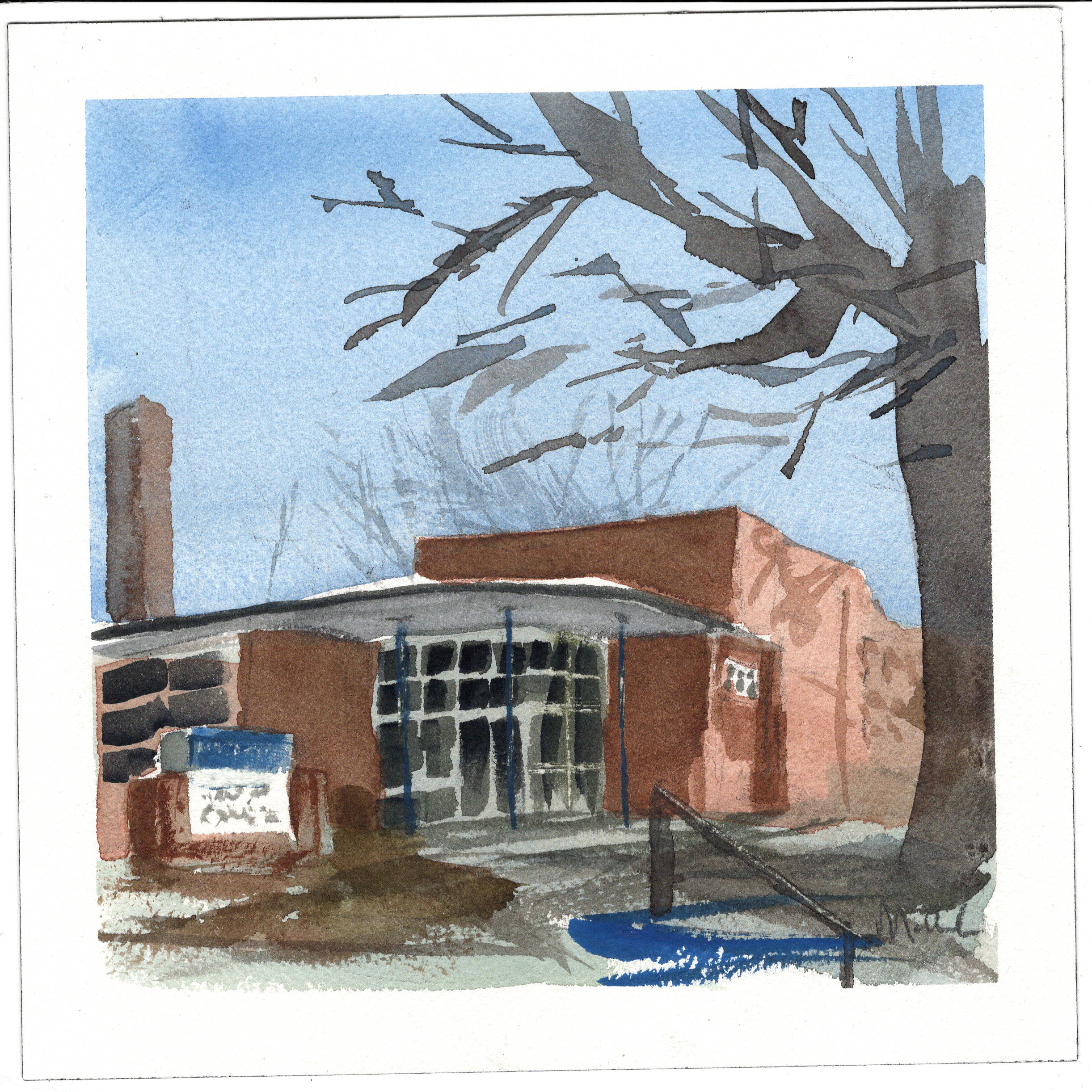 watercolor of Morehead Montessori School in Durham NC by Mark Mclychok