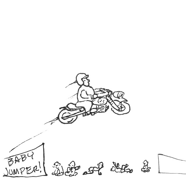 drawing of stunt motorcycle jumbing babies