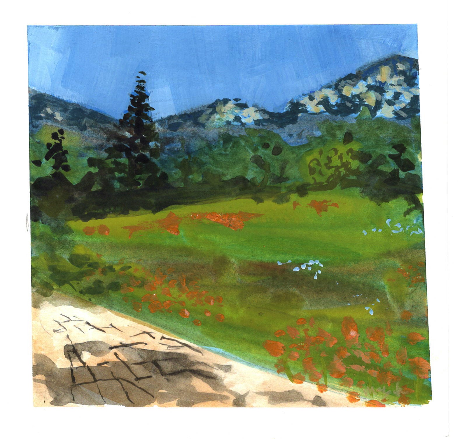 watercolor painting of the meadow at the Santa Barbara Botanical Gardens by Mark Mclychok