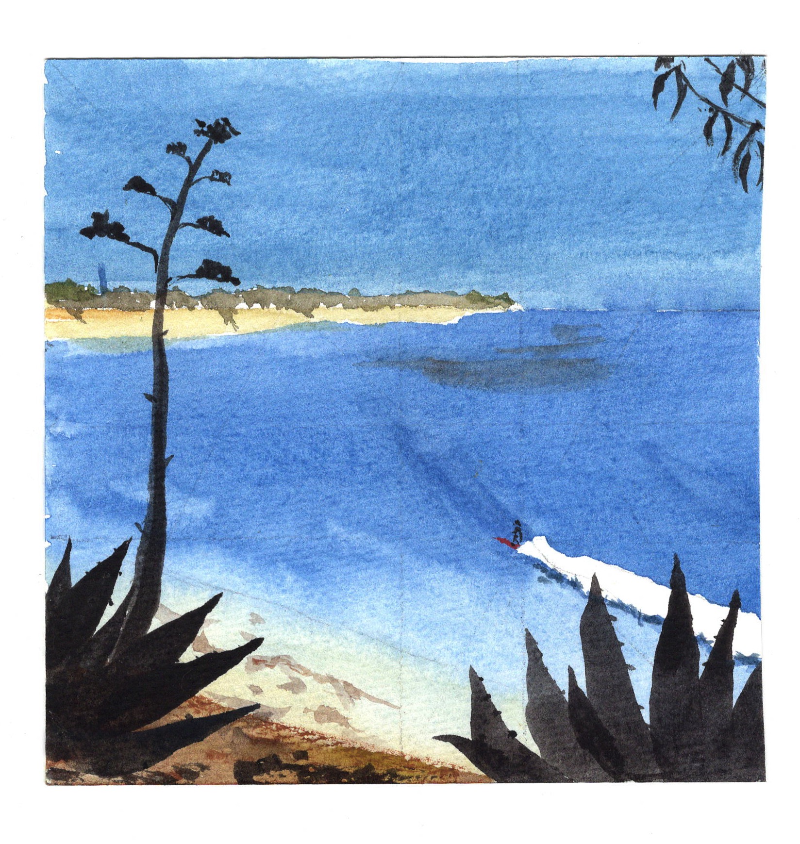 watercolor painting of surfer on a wave at Coal Oil Point in Santa Barbara California by Mark Mclychok