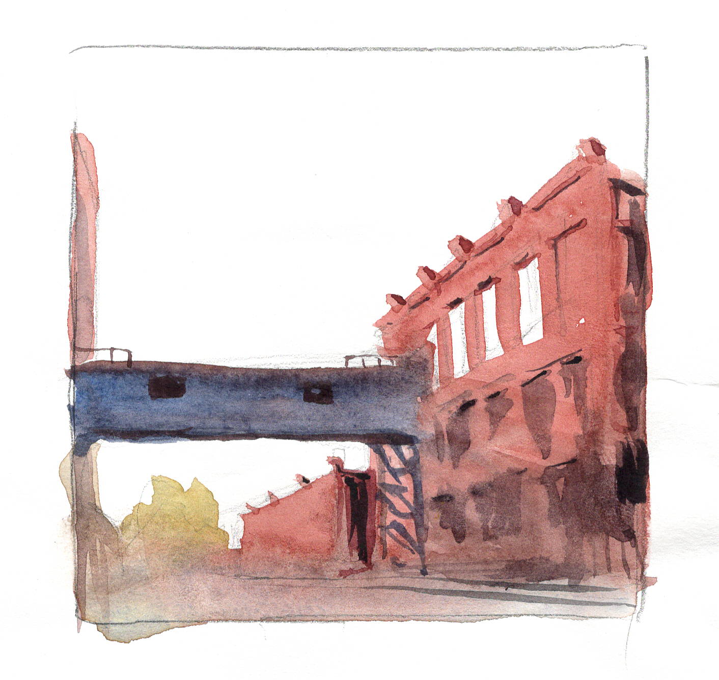 watercolor painting of warehoouse in Durham NC by Mark Mclychok