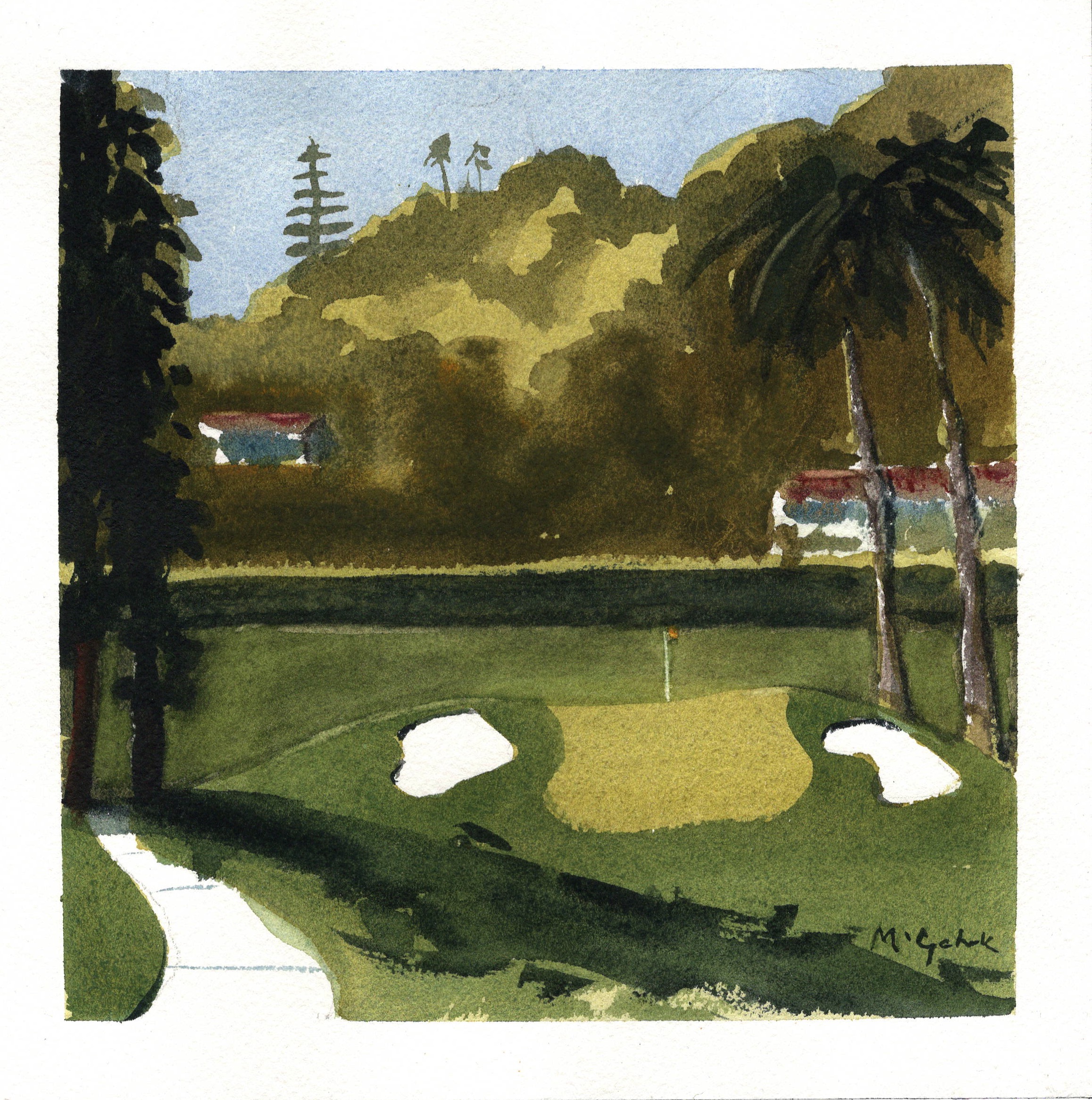watercolor of 11th hole at La Cumbre Country Club in Santa Barbara California by Mark Mclychok