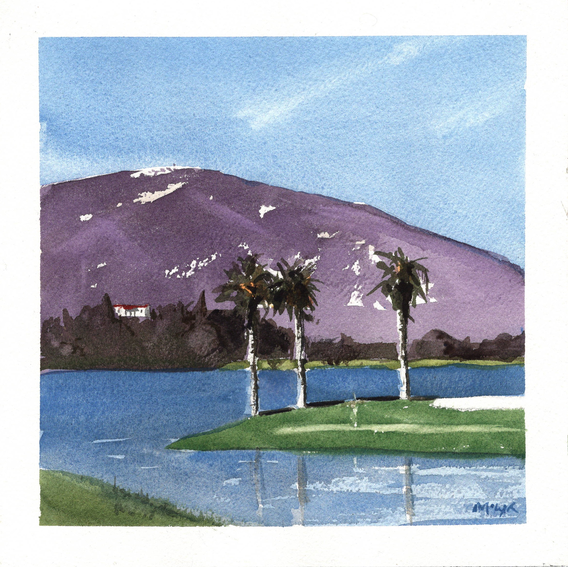 watercolor of the 13th hole at La Cumbre Country Club in Santa Barbara California by Mark Mclychok