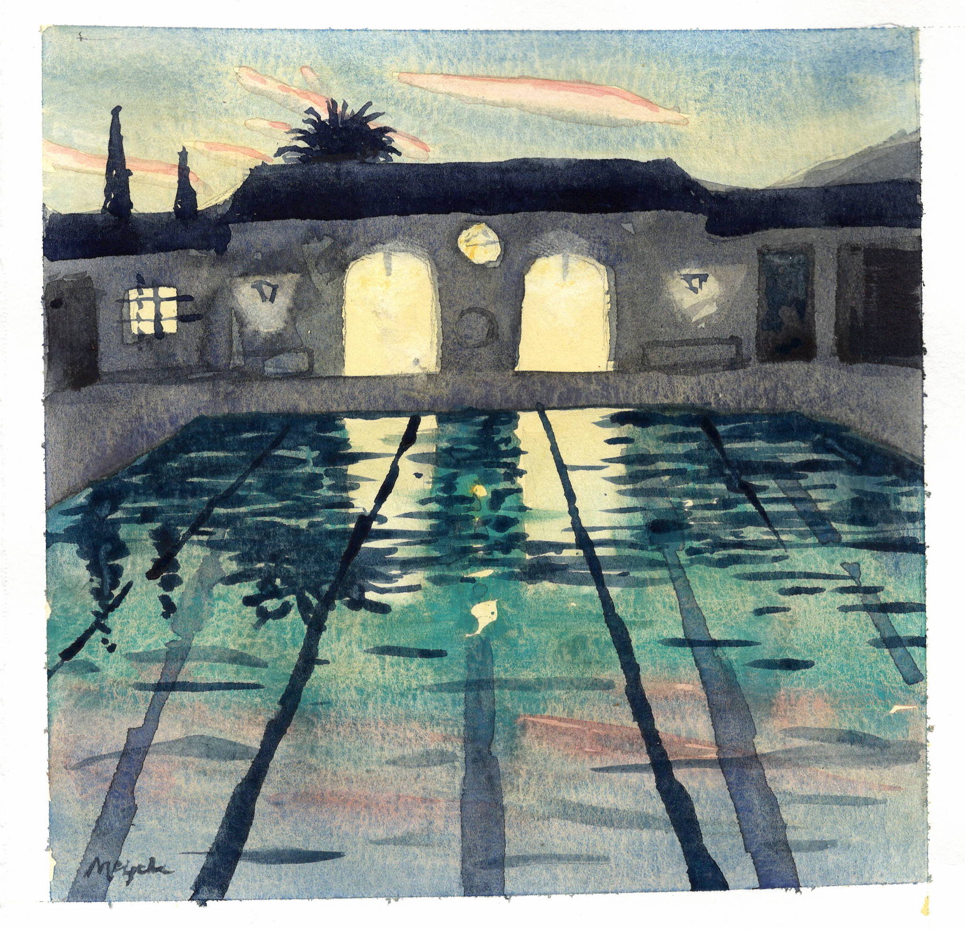 watercolor of pool at twighlight time by Mark Mclychok