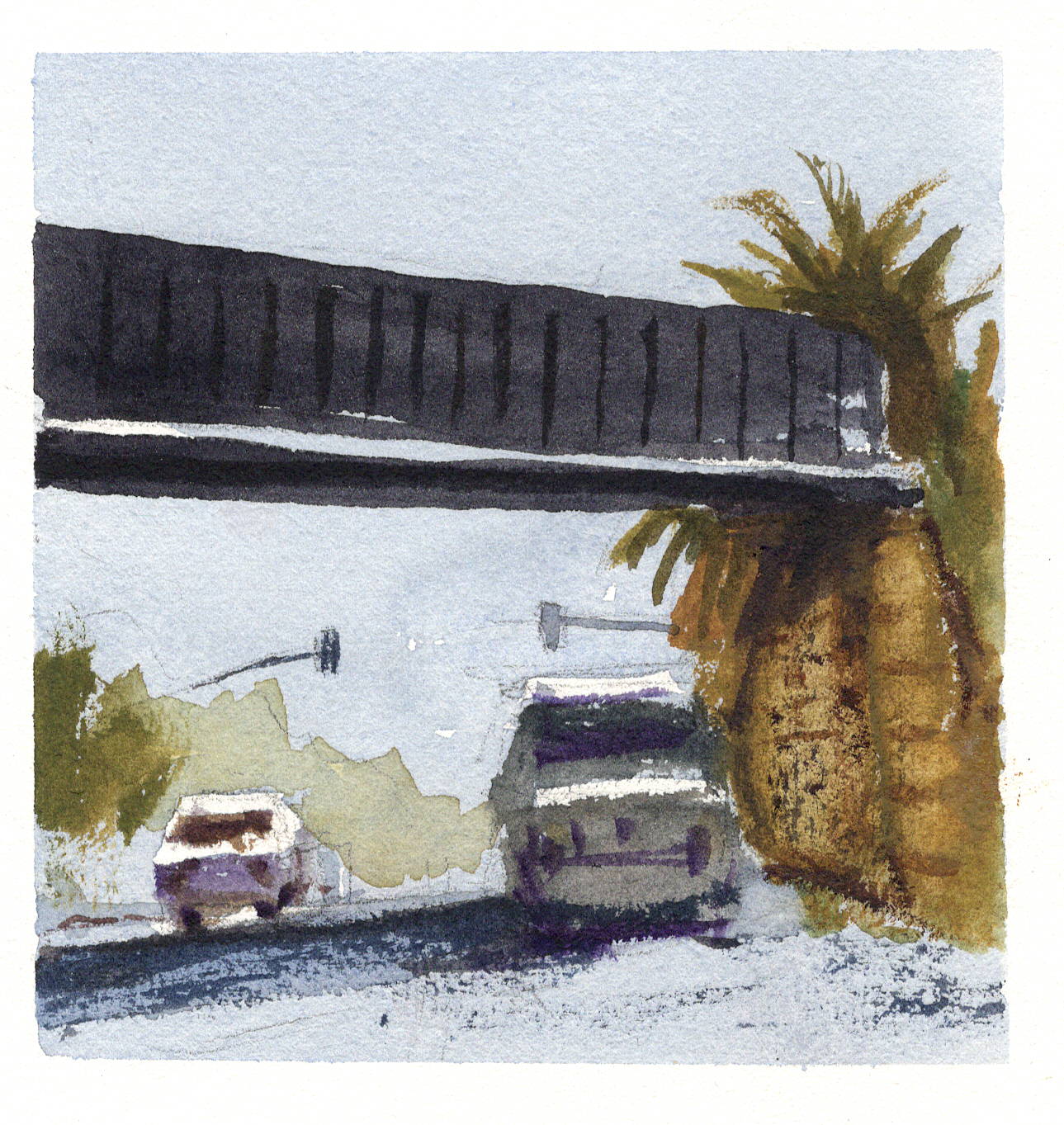 watercolor of railway bridge over Holister road in Santa Barbara California by Mark Mclychok