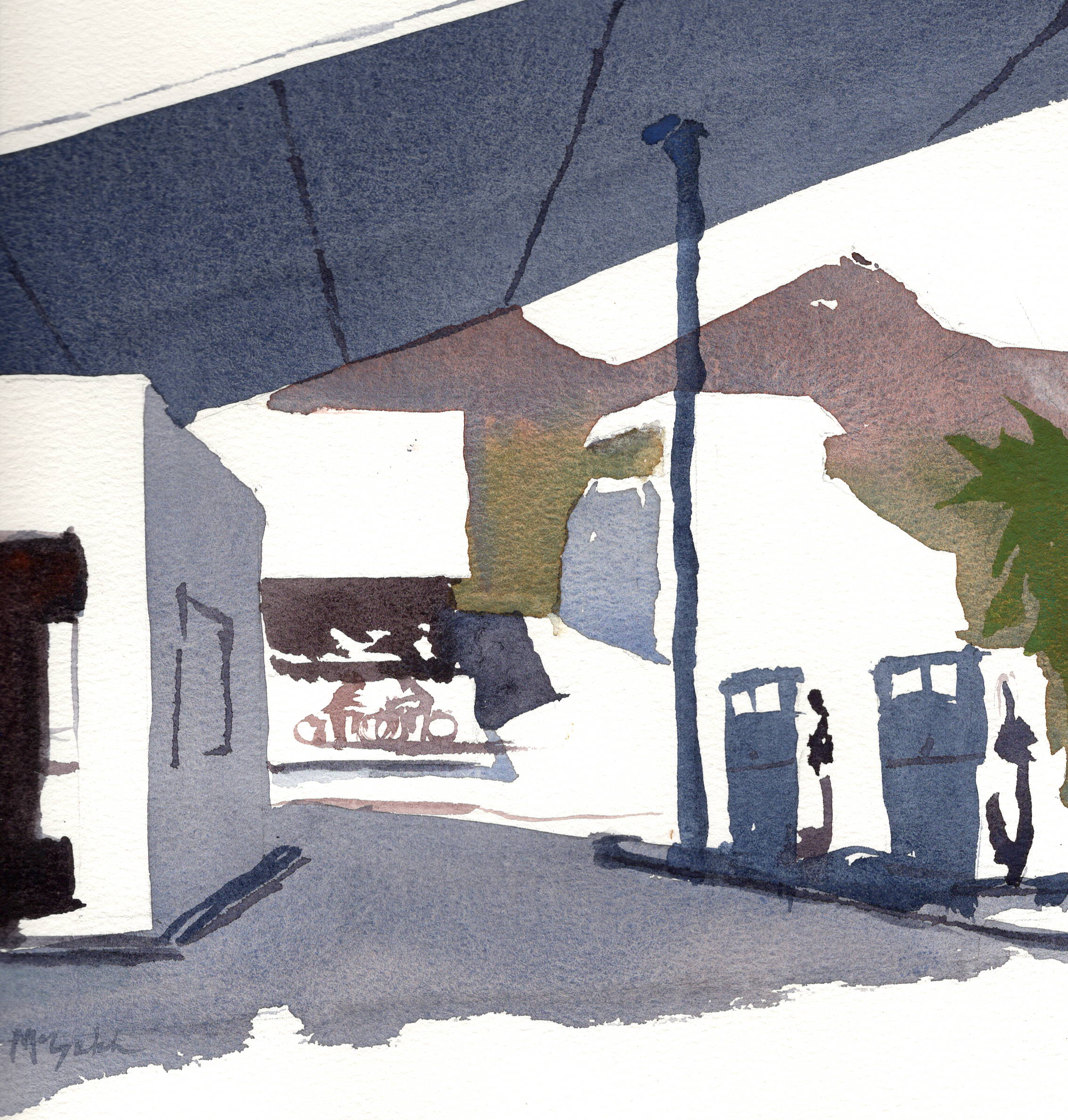 watercolor of an old gas station in Santa Barbara by Mark Mclychok