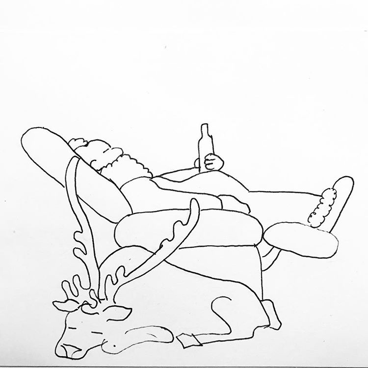 drawing of santa relaxing in lounge chair, with raindeer